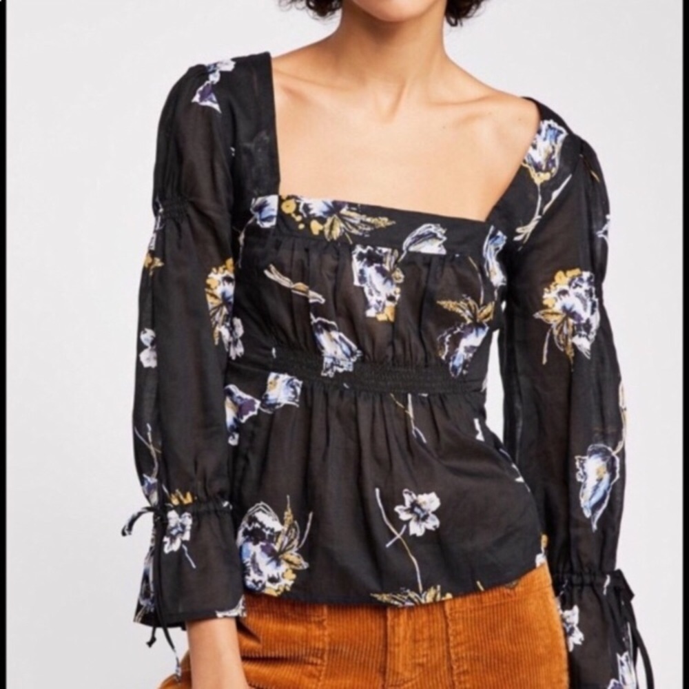 Free People Black Flower Cherish XS Top
